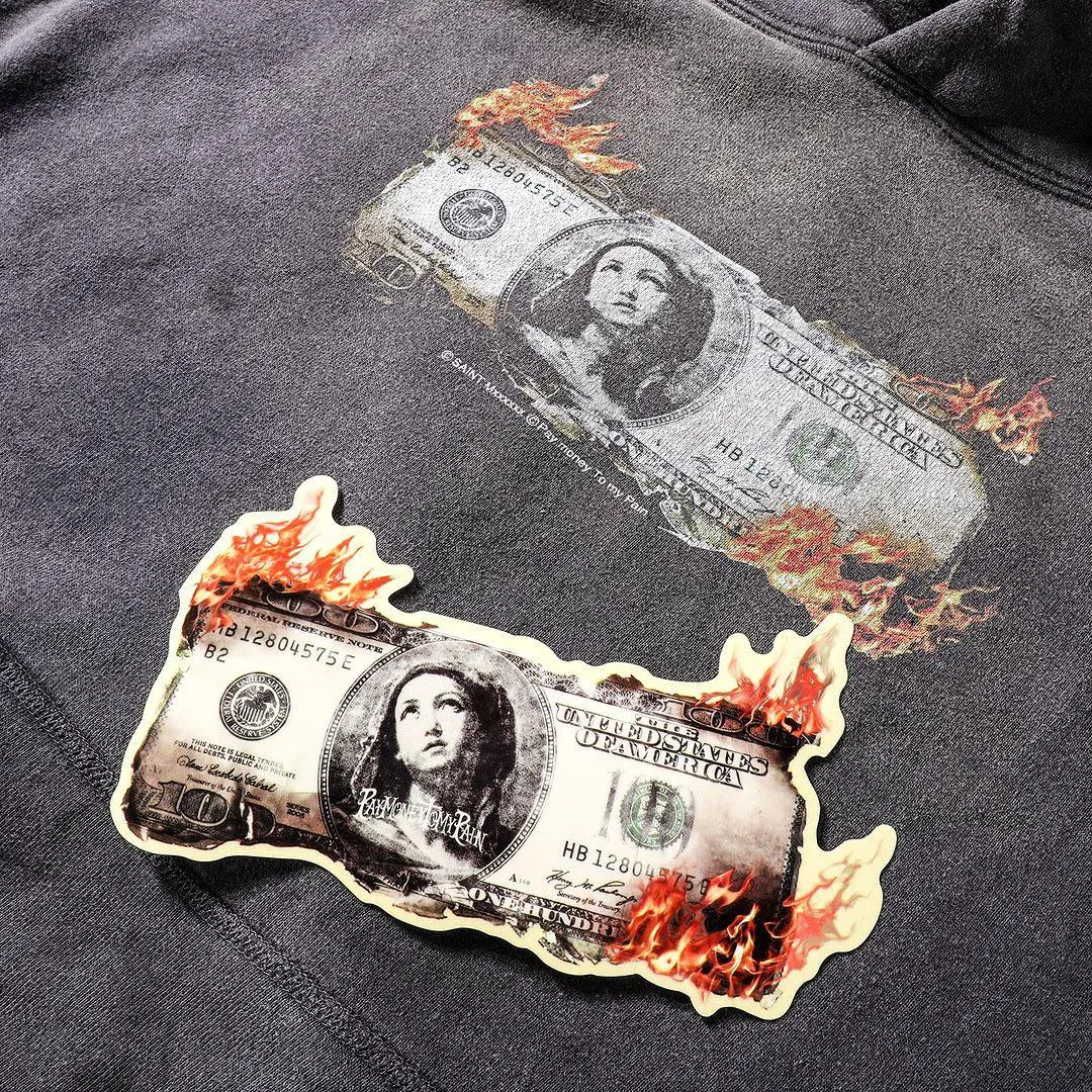 SAINT Mxxxxxx × PAY MONEY TO MY PAIN PTP_HOODIE/BRAND MONEY/BLK Co-branded PTP Virgin Mary dollar hoodie Washed black S-XL Assute dyeing The whole piece is sprayed with horse fade Mold customization joint main mark/washed mark Factory four-needle and six-thread workmanship No bone seams More comfortable to wear Repeated modification of proofing Authentic grade crack printing VINTAGE value is full